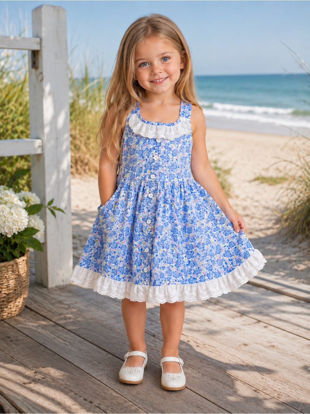 Cupcakes and Cashmere Girls Blue Floral Dress Size 4T Lace Trim